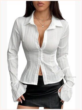 Textured Button Down Blouse Ruffled Long Sleeve Collared Shirt